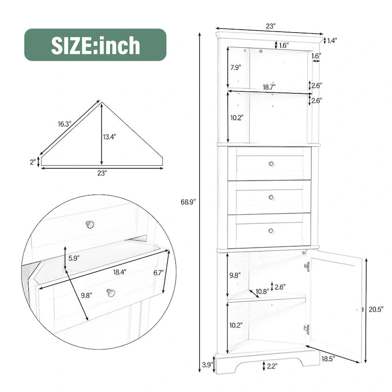 Black Triangle Tall Cabinet with 3 Drawers and Adjustable Shelves for Bathroom, Kitchen or Living Room