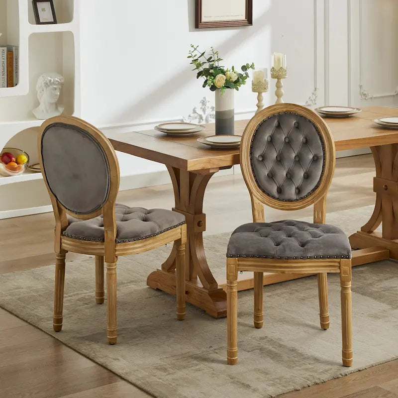 Solid Wood Frame Antique Dining Chair, Hand-Pulled Buckle Decoration Velvet Dining Chair with Nailhead Trim, Set of 2
