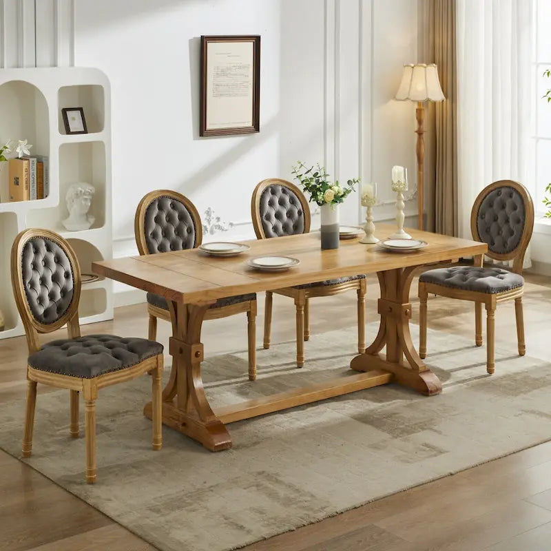 Solid Wood Frame Antique Dining Chair, Hand-Pulled Buckle Decoration Velvet Dining Chair with Nailhead Trim, Set of 2