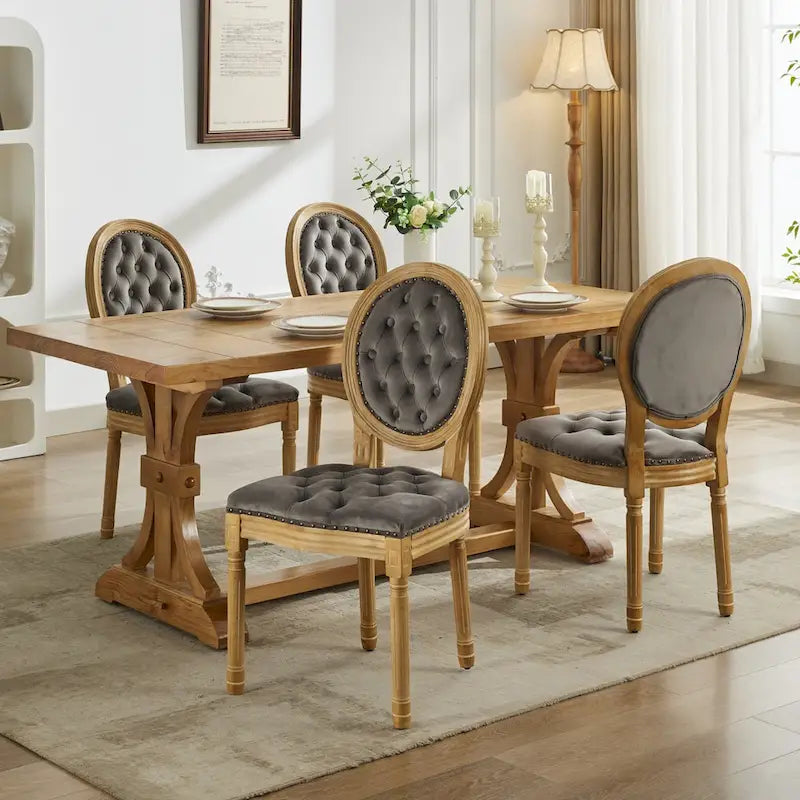 Solid Wood Frame Antique Dining Chair, Hand-Pulled Buckle Decoration Velvet Dining Chair with Nailhead Trim, Set of 2