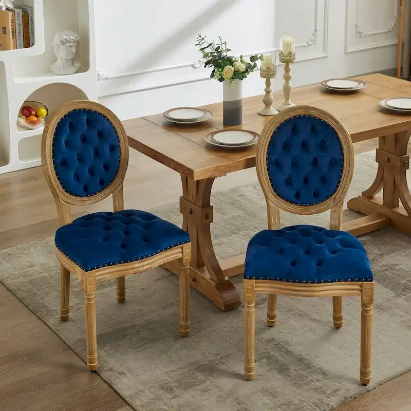 Solid Wood Frame Antique Dining Chair, Hand-Pulled Buckle Decoration Velvet Dining Chair with Nailhead Trim, Set of 2