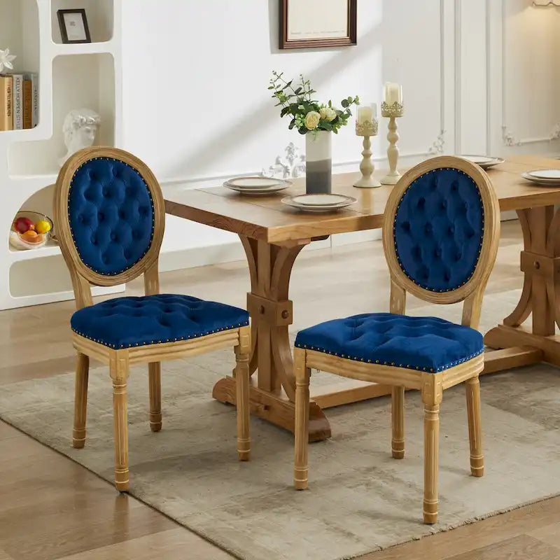 Solid Wood Frame Antique Dining Chair, Hand-Pulled Buckle Decoration Velvet Dining Chair with Nailhead Trim, Set of 2