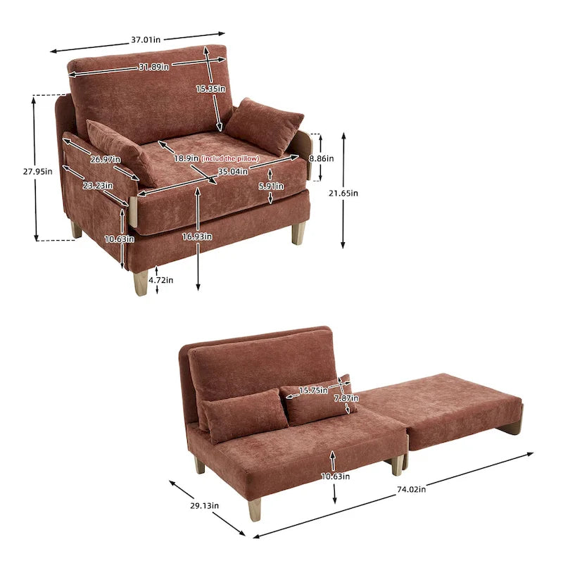 Chenille Upholstered 3-in-1 Convertible Sleeper Foldable Sofa Bed Recliner Chair with 3 Pillows