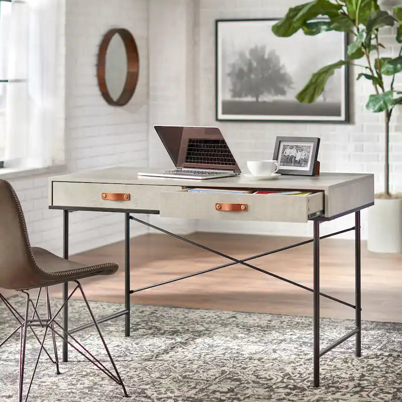 Industrial Style Desk with Cement-Look Finish and 2 Drawers