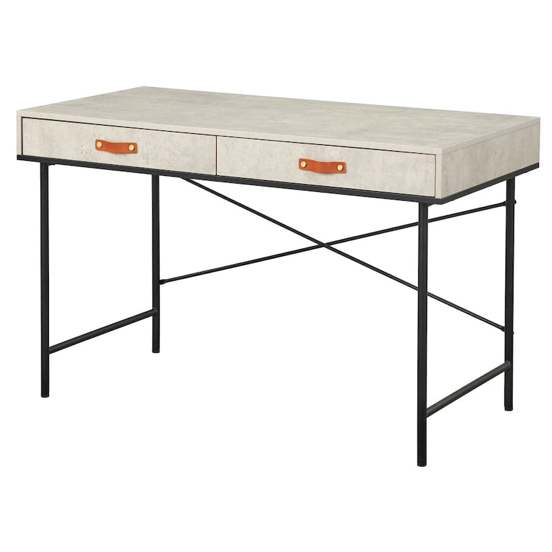 Industrial Style Desk with Cement-Look Finish and 2 Drawers