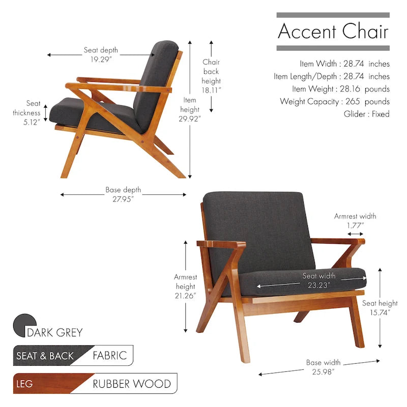 Fabric Accent Chair with Rubberwood Frame and Removable Cushions