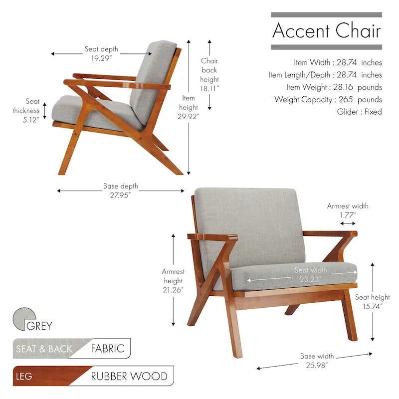 Fabric Accent Chair with Rubberwood Frame and Removable Cushions