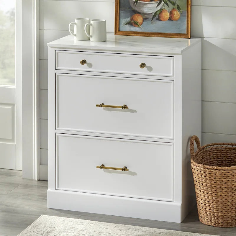 3-Drawer Cabinet with Faux Marble Top, White