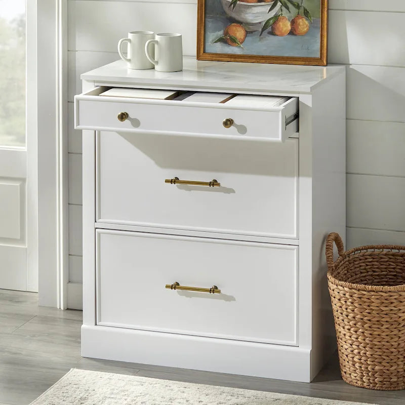 3-Drawer Cabinet with Faux Marble Top, White