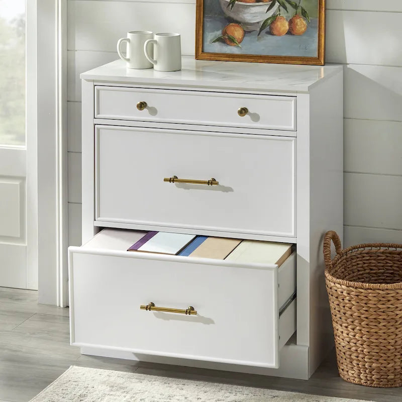 3-Drawer Cabinet with Faux Marble Top, White