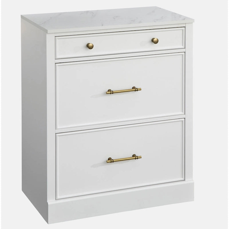 3-Drawer Cabinet with Faux Marble Top, White