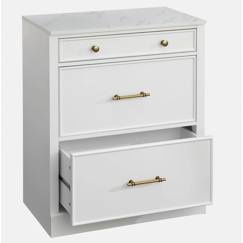 3-Drawer Cabinet with Faux Marble Top, White