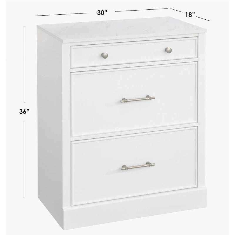 3-Drawer Cabinet with Faux Marble Top, White