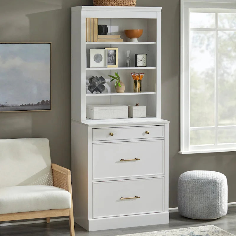 3-Drawer Cabinet with Faux Marble Top, White
