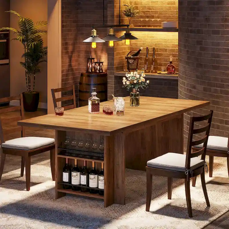 Farmhouse Dining Table for 6, 63-Inch Rectangular Wooden Kitchen Table with Storage