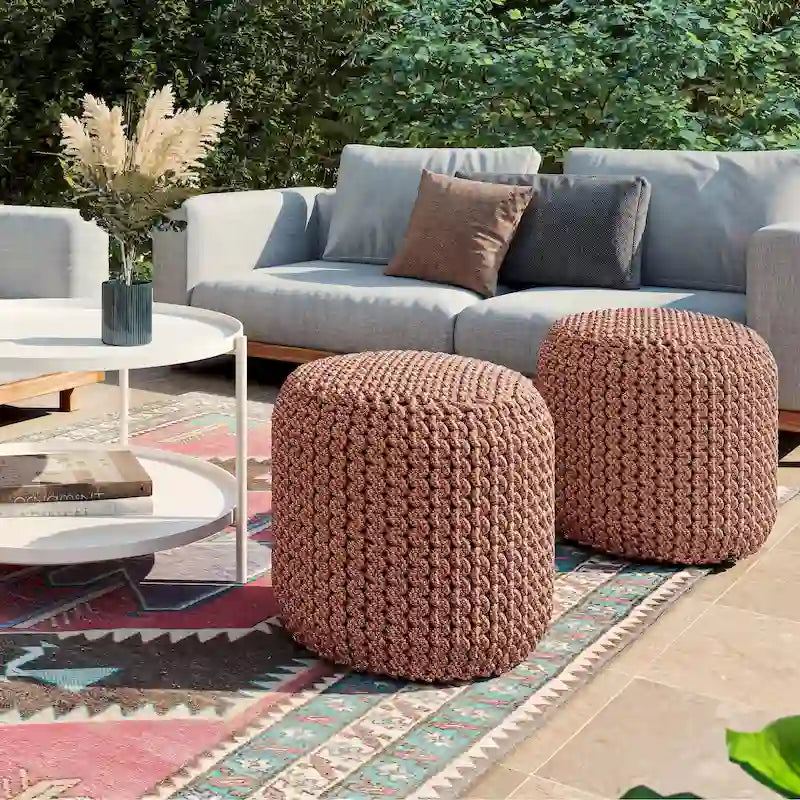 Round Knitted Pouf in Orange Recycled PET Polyester