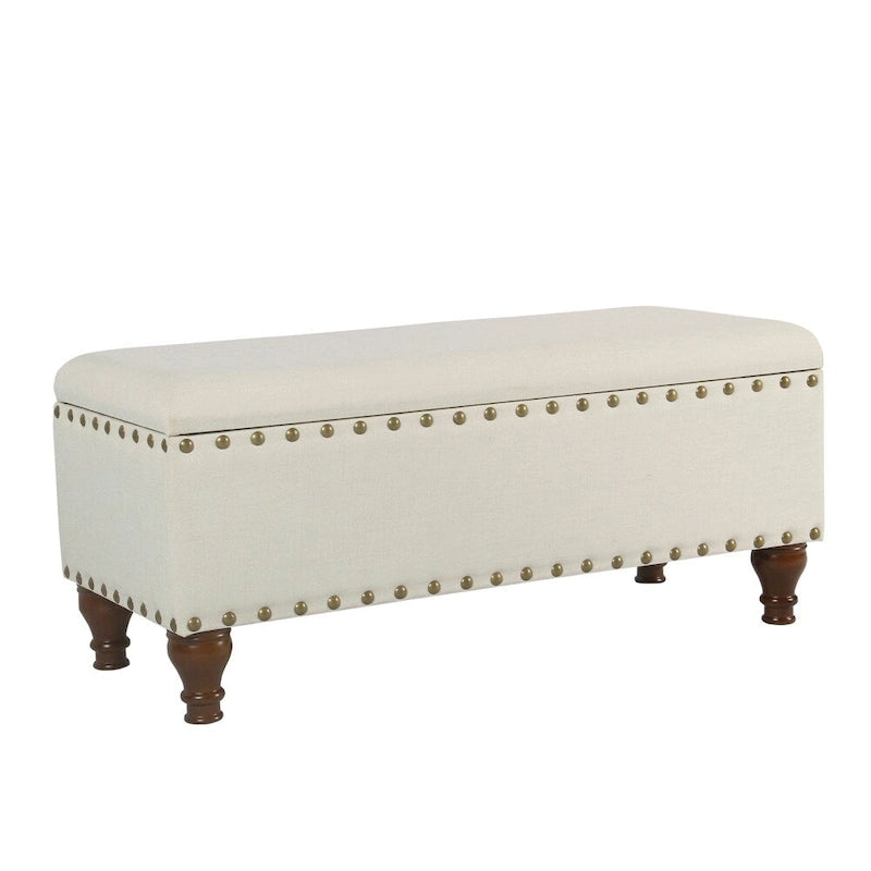 Tufted Linen Storage Bench with Walnut Legs, 42"