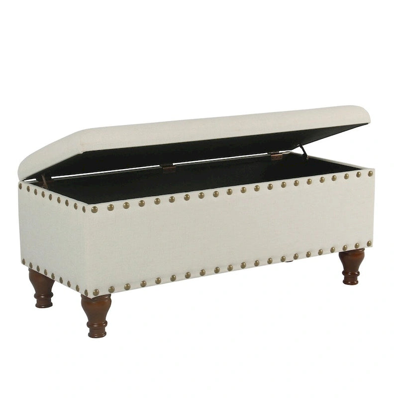 Tufted Linen Storage Bench with Walnut Legs, 42"