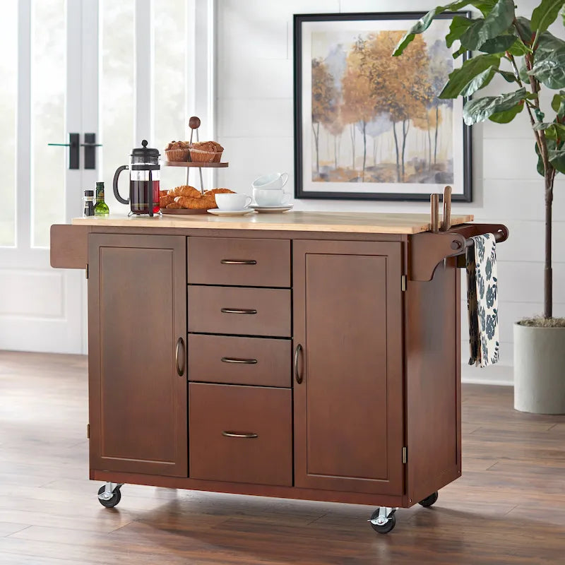 Rolling Kitchen Cart with 4 Drawers, 2 Cabinets and Spice Rack