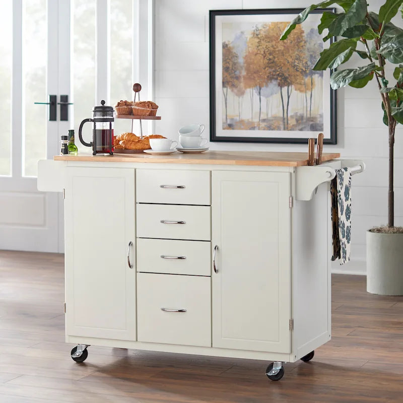 Rolling Kitchen Cart with 4 Drawers, 2 Cabinets and Spice Rack