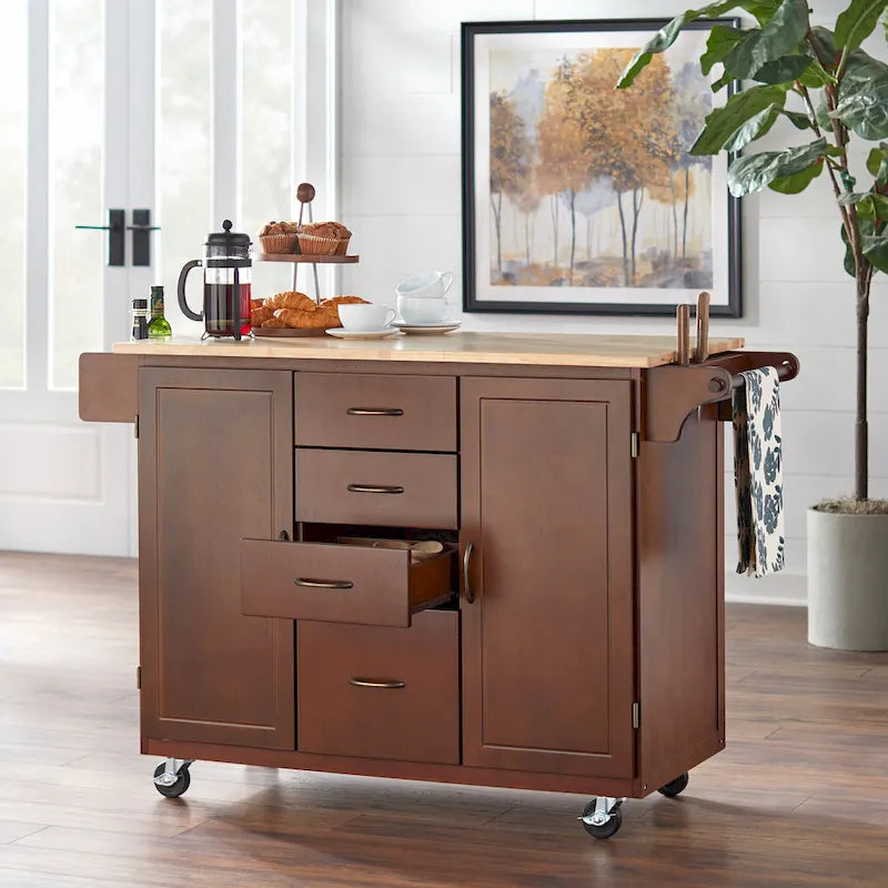 Rolling Kitchen Cart with 4 Drawers, 2 Cabinets and Spice Rack