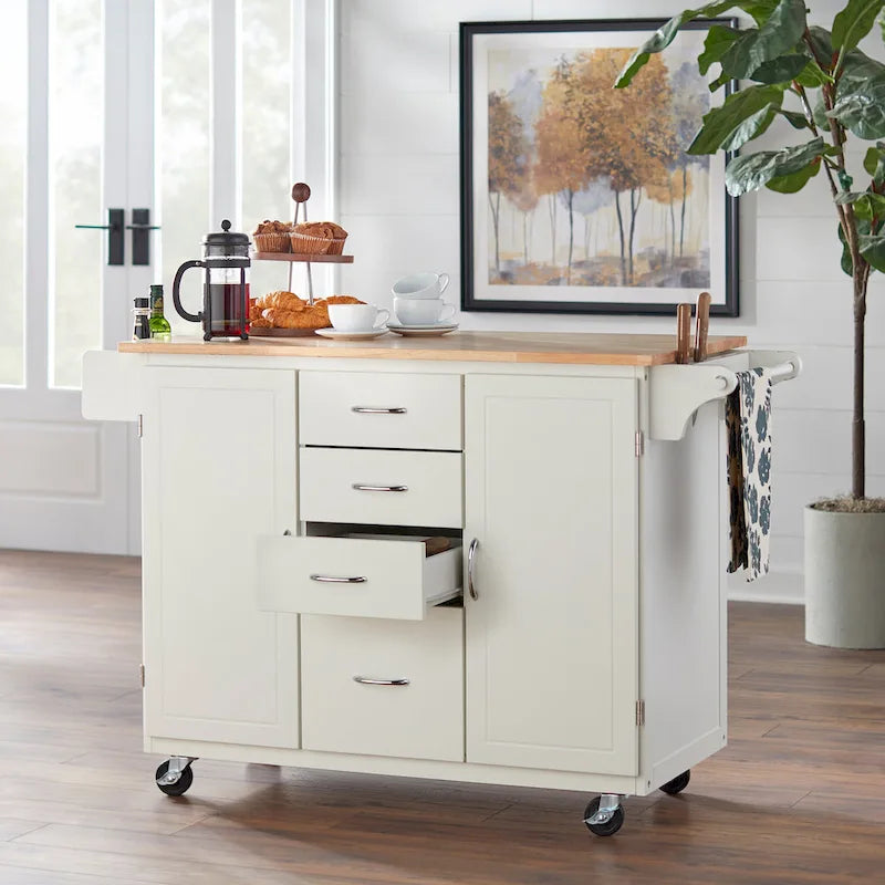 Rolling Kitchen Cart with 4 Drawers, 2 Cabinets and Spice Rack