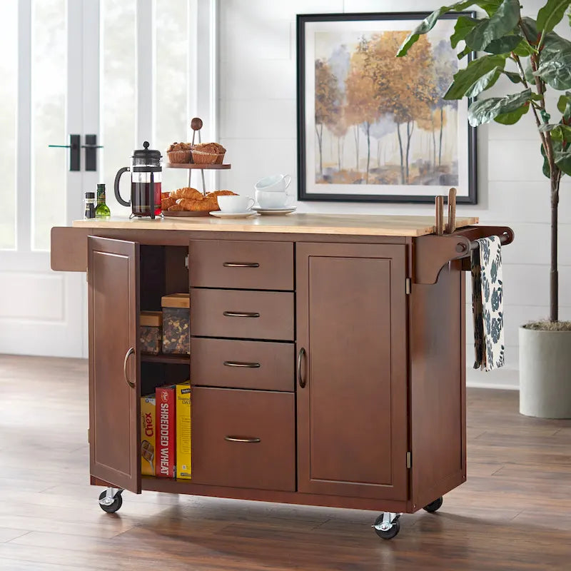 Rolling Kitchen Cart with 4 Drawers, 2 Cabinets and Spice Rack