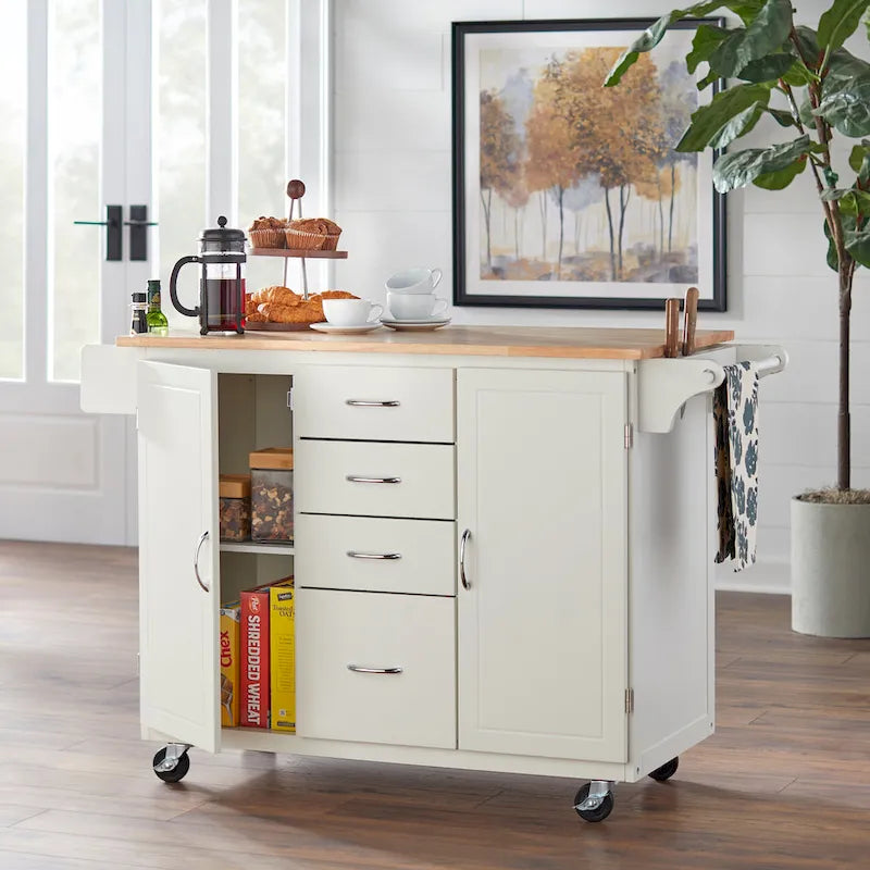 Rolling Kitchen Cart with 4 Drawers, 2 Cabinets and Spice Rack
