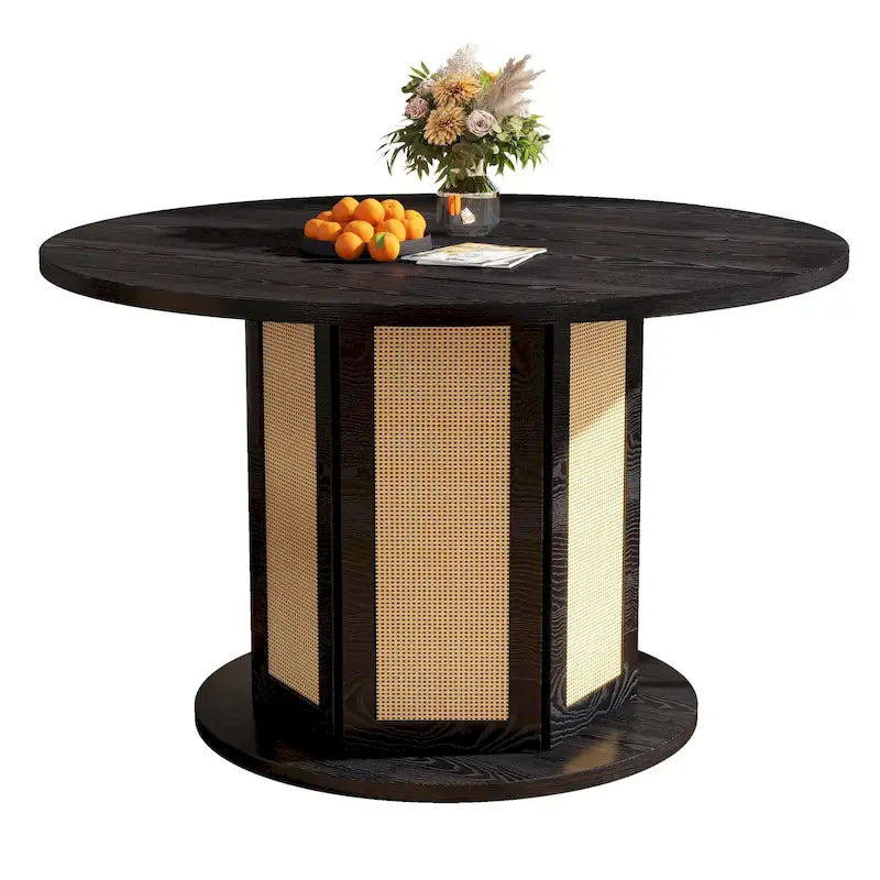 47" Round Farmhouse Pedestal Dining Table with Rattan Base, Seats 6