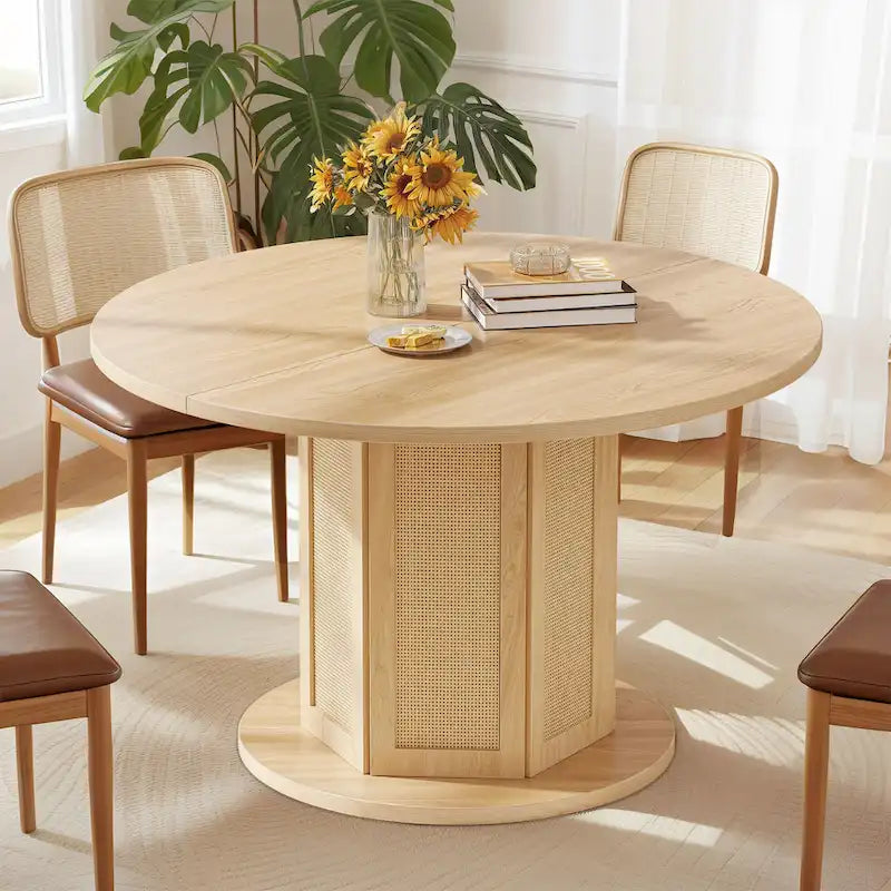 Moasis Round Pedestal Dining Table for 4 with Rattan Circular Base