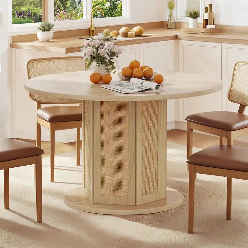 47" Round Farmhouse Pedestal Dining Table with Rattan Base, Seats 6