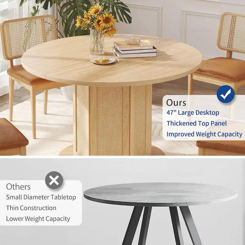 47" Round Farmhouse Pedestal Dining Table with Rattan Base, Seats 6
