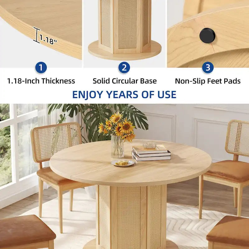 47" Round Farmhouse Pedestal Dining Table with Rattan Base, Seats 6