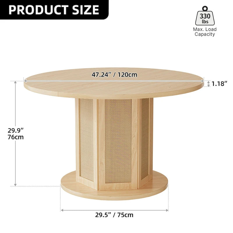 47" Round Farmhouse Pedestal Dining Table with Rattan Base, Seats 6