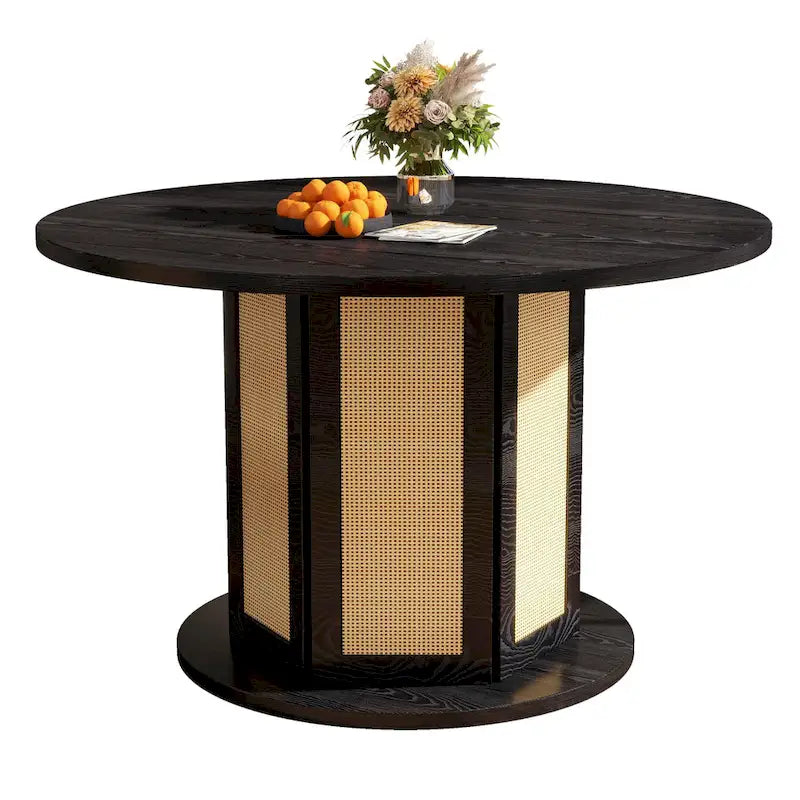 47" Round Farmhouse Pedestal Dining Table with Rattan Base, Seats 6