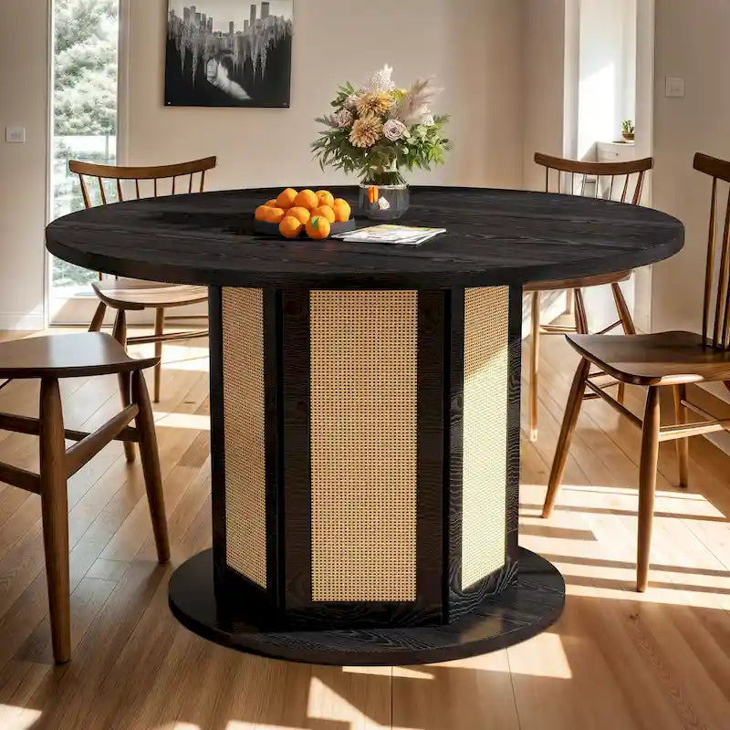 47" Round Farmhouse Pedestal Dining Table with Rattan Base, Seats 6