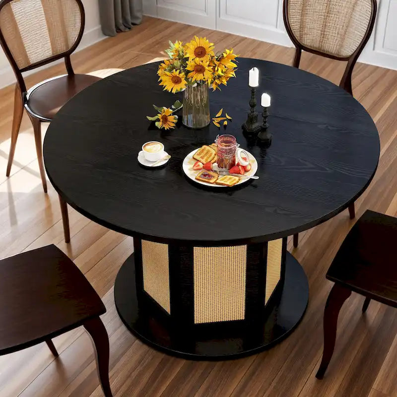47" Round Farmhouse Pedestal Dining Table with Rattan Base, Seats 6