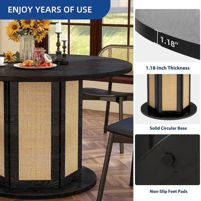 47" Round Farmhouse Pedestal Dining Table with Rattan Base, Seats 6