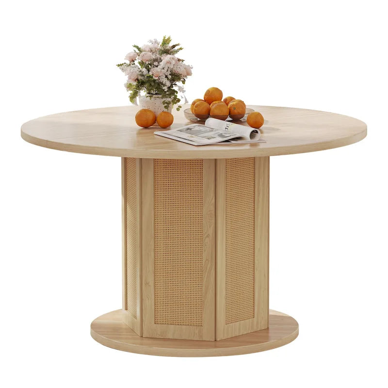 47" Round Farmhouse Pedestal Dining Table with Rattan Base, Seats 6