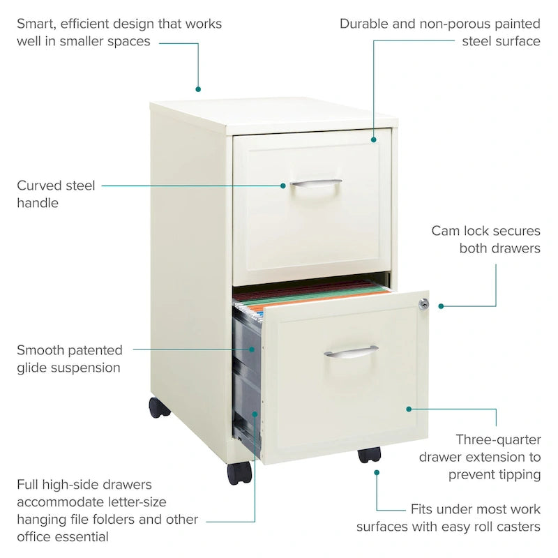 Pearl White 2-Drawer Mobile File Cabinet, Under-Desk