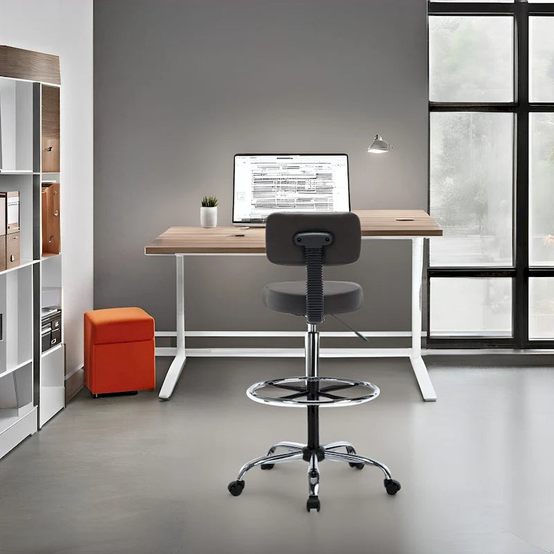 Adjustable Rolling Work Stool with Faux Leather Seat and Foldable Footrest, Versatile Stool for Home Office, Vanity,