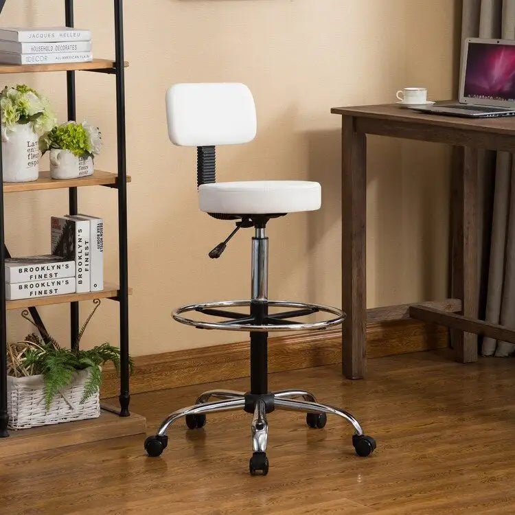 Adjustable Rolling Work Stool with Faux Leather Seat and Foldable Footrest, Versatile Stool for Home Office, Vanity,