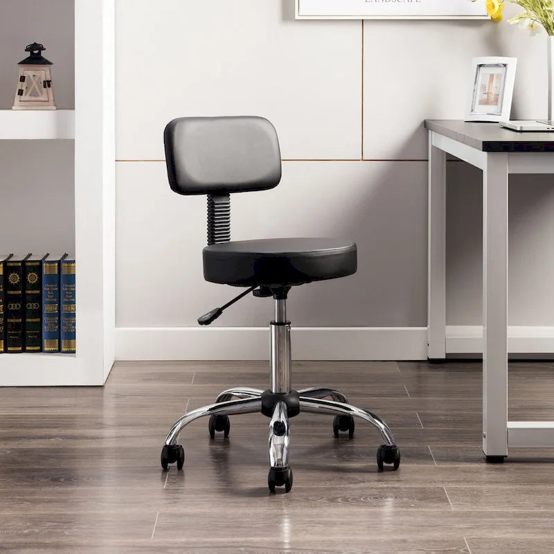 Adjustable Rolling Work Stool with Faux Leather Seat and Foldable Footrest, Versatile Stool for Home Office, Vanity,