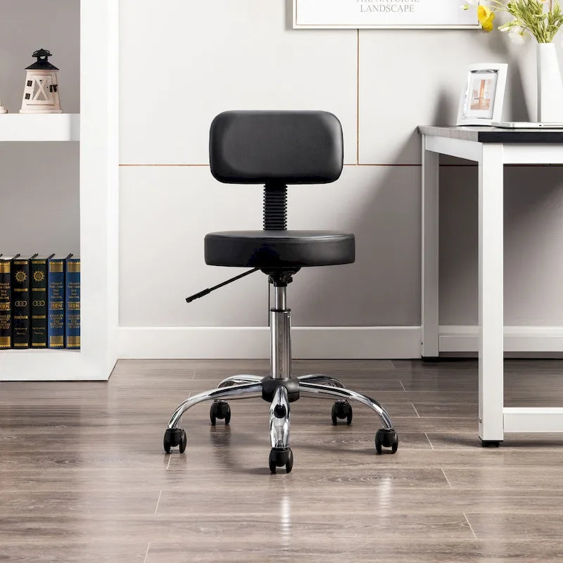 Adjustable Rolling Work Stool with Faux Leather Seat and Foldable Footrest, Versatile Stool for Home Office, Vanity,