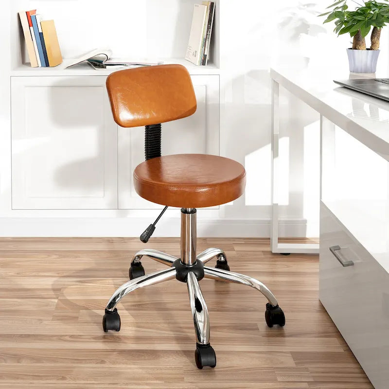 Adjustable Rolling Work Stool with Faux Leather Seat and Foldable Footrest, Versatile Stool for Home Office, Vanity,
