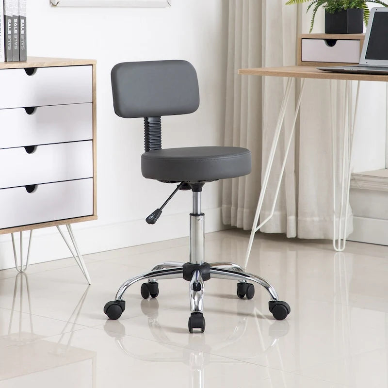 Adjustable Rolling Work Stool with Faux Leather Seat and Foldable Footrest, Versatile Stool for Home Office, Vanity,