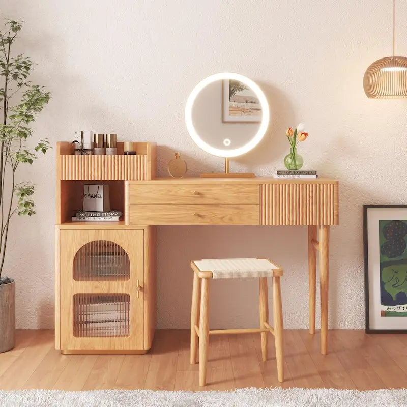 Wood Makeup Vanity Table with 3 Drawers and Mirror