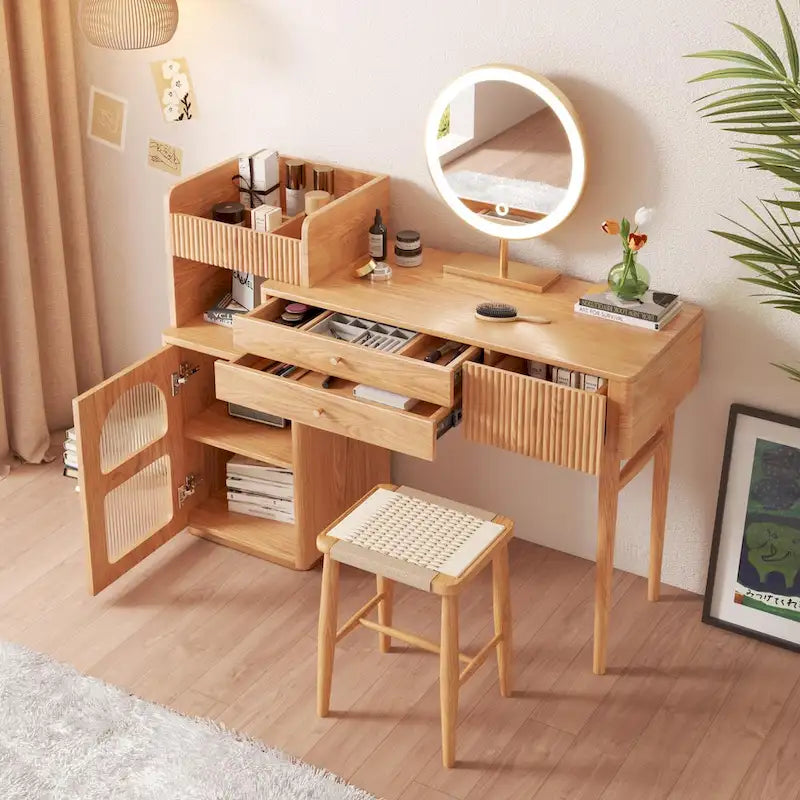Wood Makeup Vanity Table with 3 Drawers and Mirror