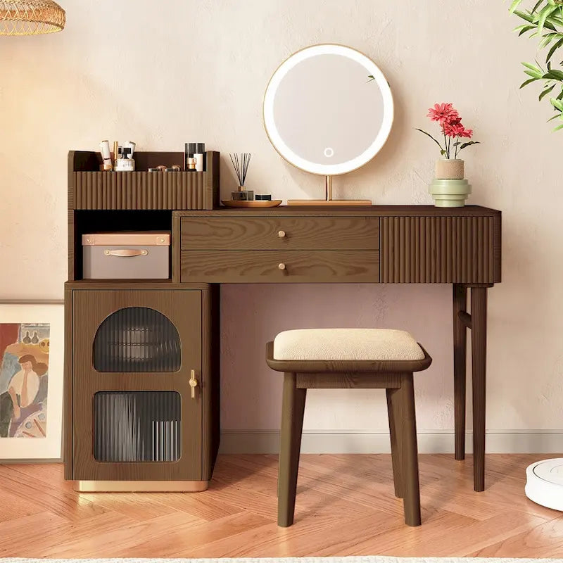 Wood Makeup Vanity Table with 3 Drawers and Mirror