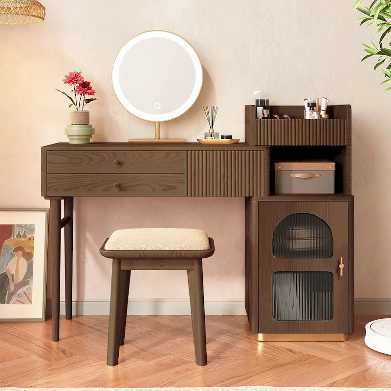 Wood Makeup Vanity Table with 3 Drawers and Mirror
